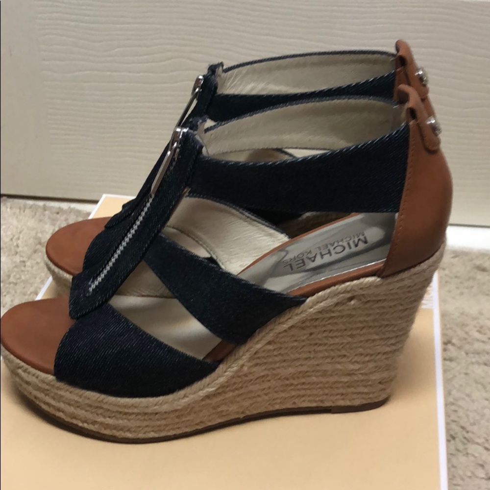 Michael Kors Navy Denim and Brown Espadrille Wedge Sandals